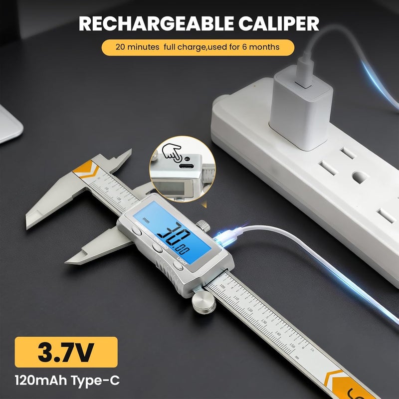LAYME Digital Caliper, Rechargeable Caliper Measuring Tool with Backlight LCD Screen,Vernier Dial Caliper Stainless Steel with Auto-Off Feature,Inch Metric Fraction Conversion, for Jewelers/Woodworkers/DIY - Image 5